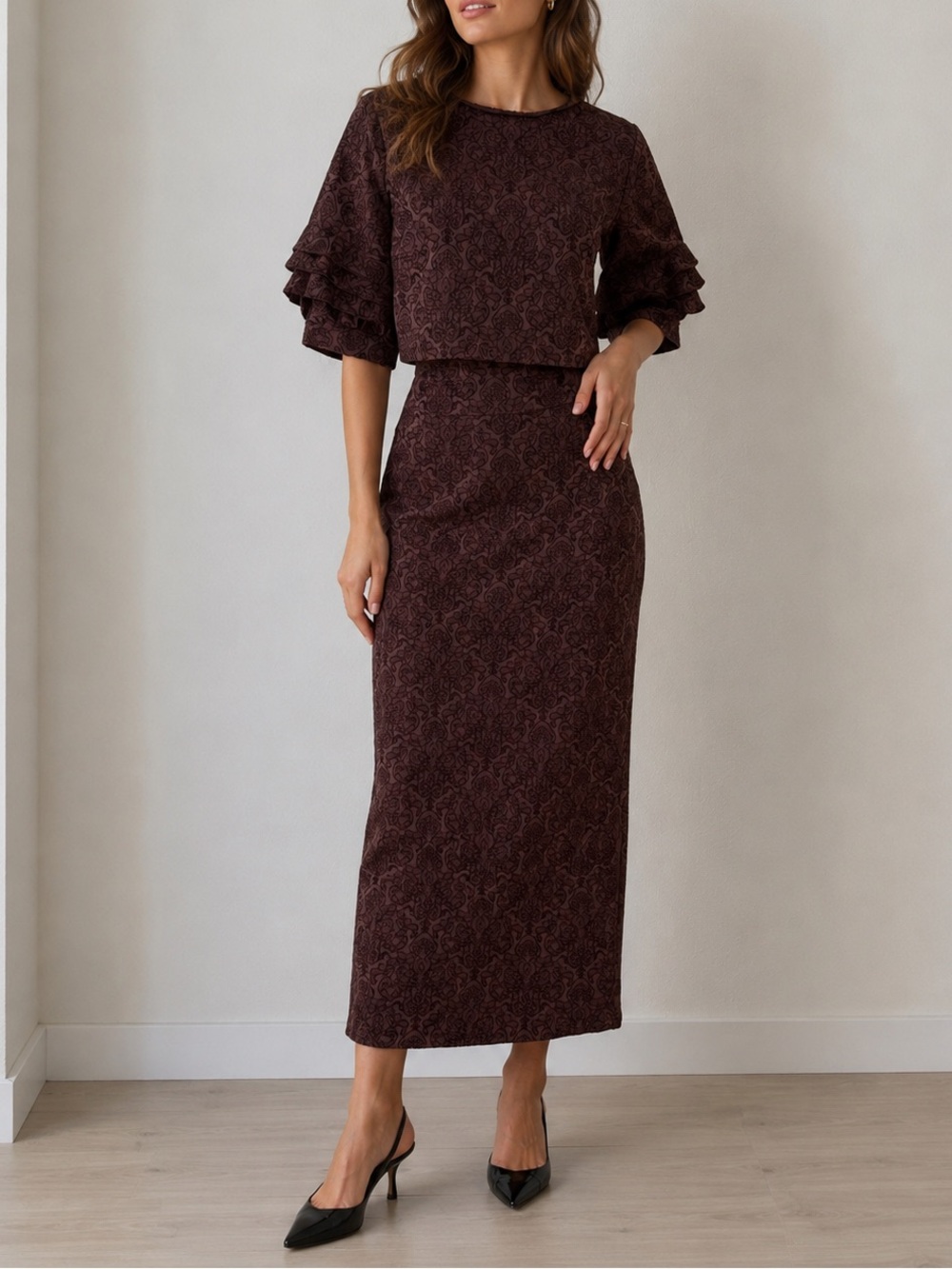 Burgundy Lace Maxi Skirt with Ruffled Sleeves